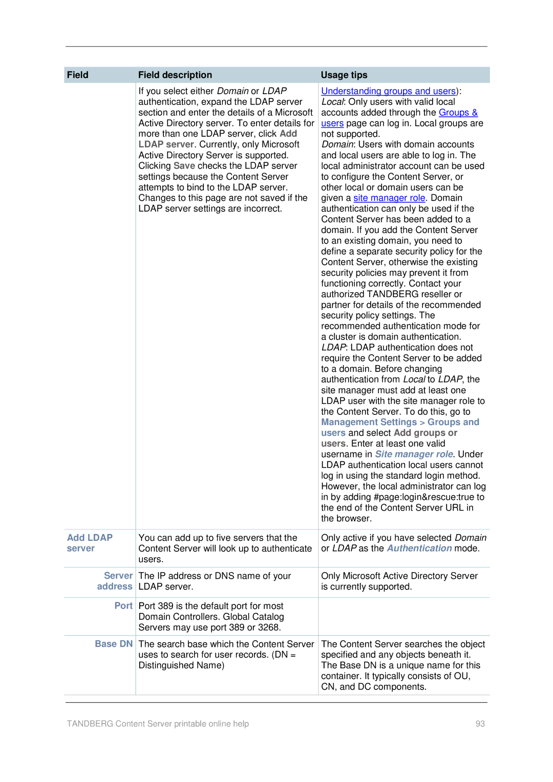 TANDBERG D1459501 manual Management Settings Groups, Users and select Add groups or, Add Ldap, Base DN 