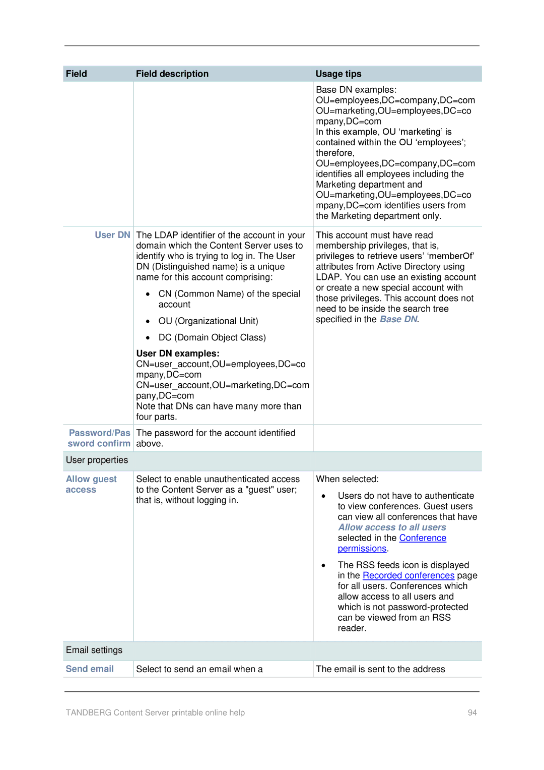 TANDBERG D1459501 manual User DN, Allow guest, Access, Allow access to all users, Send email 