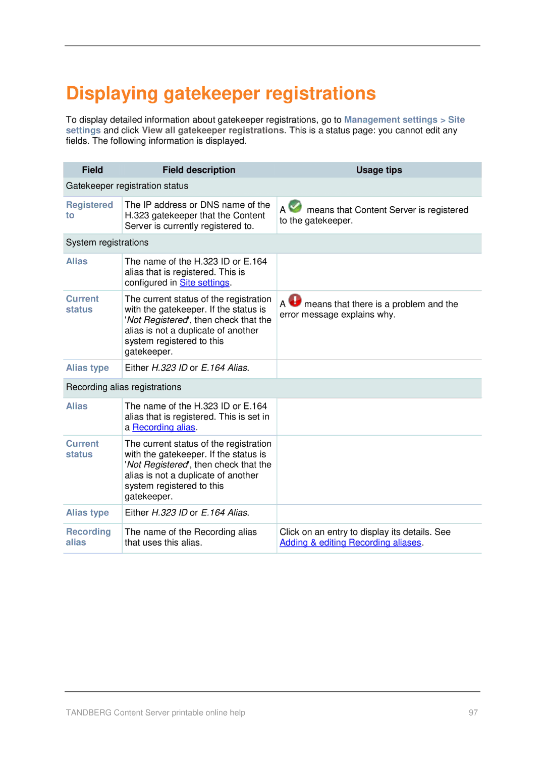 TANDBERG D1459501 manual Displaying gatekeeper registrations, Registered, Alias type 