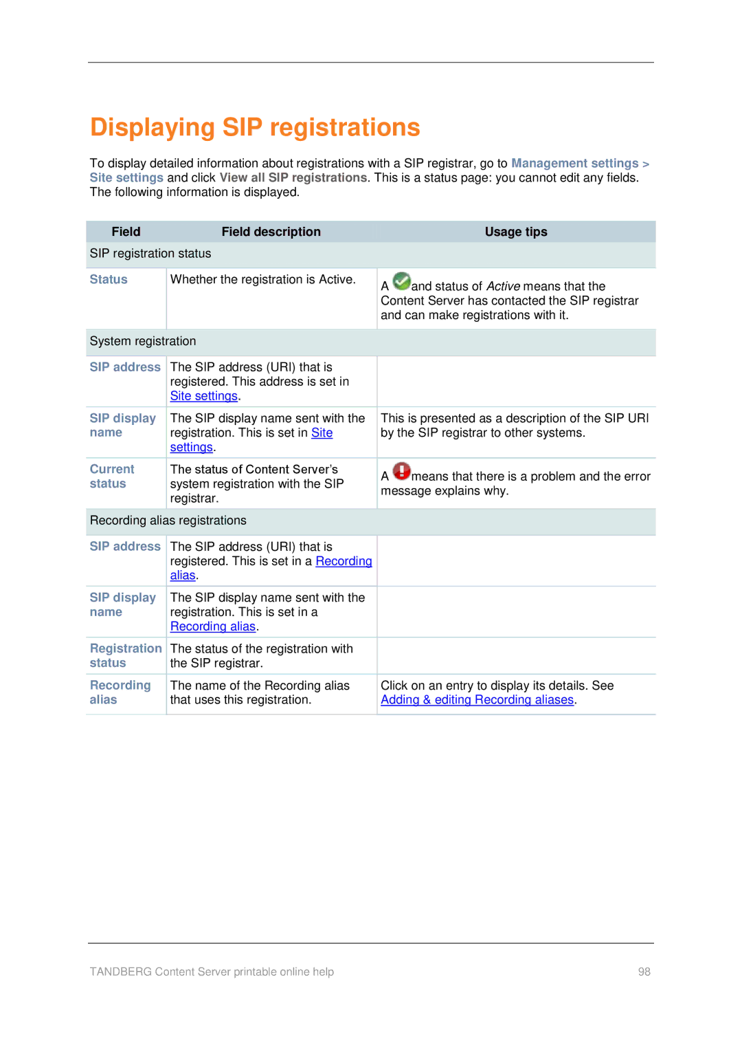 TANDBERG D1459501 manual Displaying SIP registrations, SIP address 