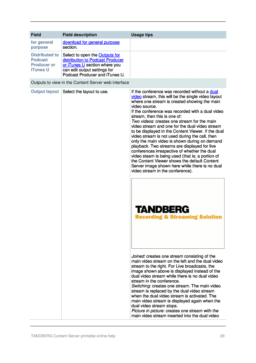 TANDBERG D1459501 manual Field, download for general purpose, distribution to Podcast Producer 