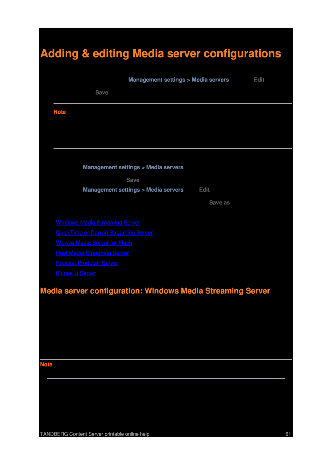 TANDBERG D1459501 Adding & editing Media server configurations, Media server configuration Windows Media Streaming Server 