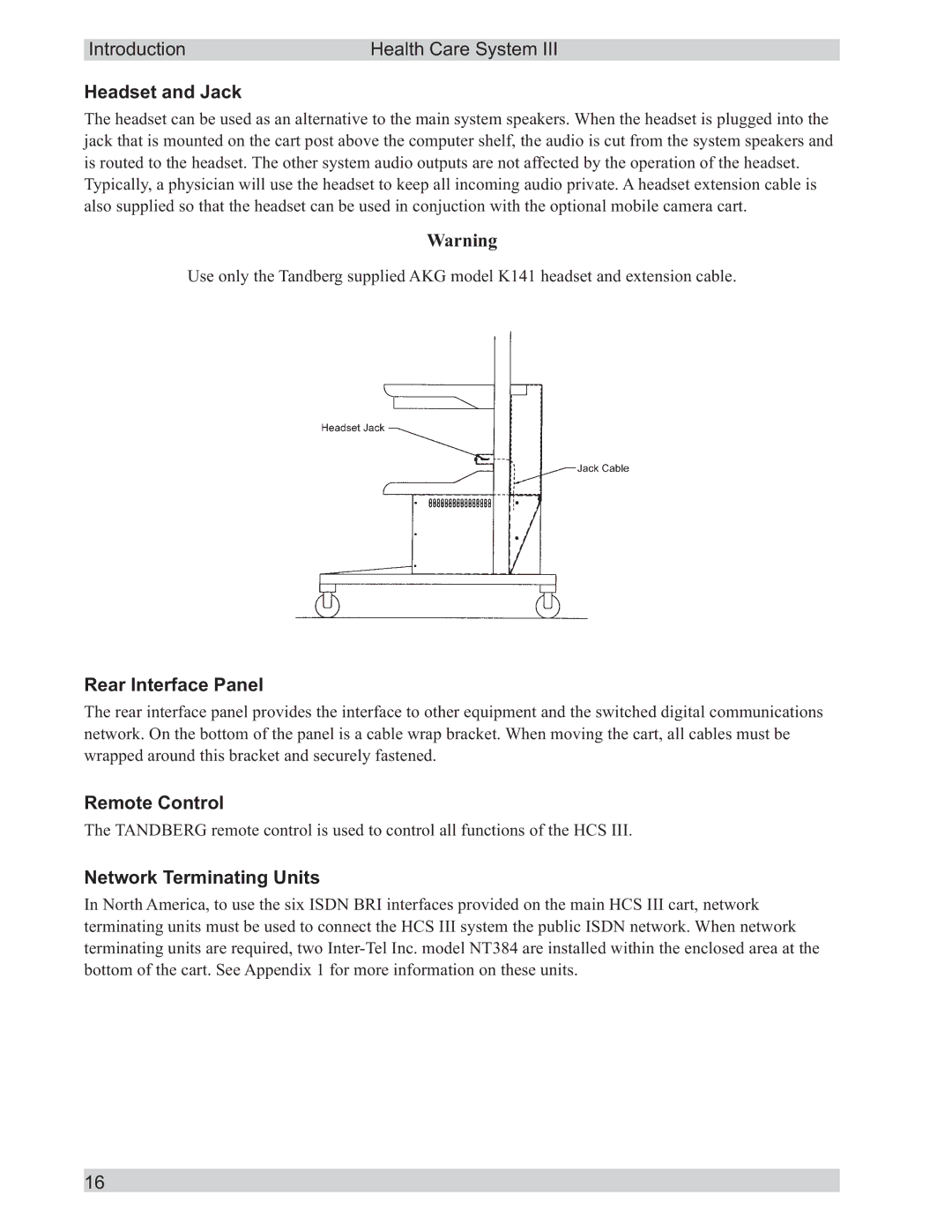 TANDBERG D50104-15 user manual Headset and Jack, Rear Interface Panel, Remote Control, Network Terminating Units 