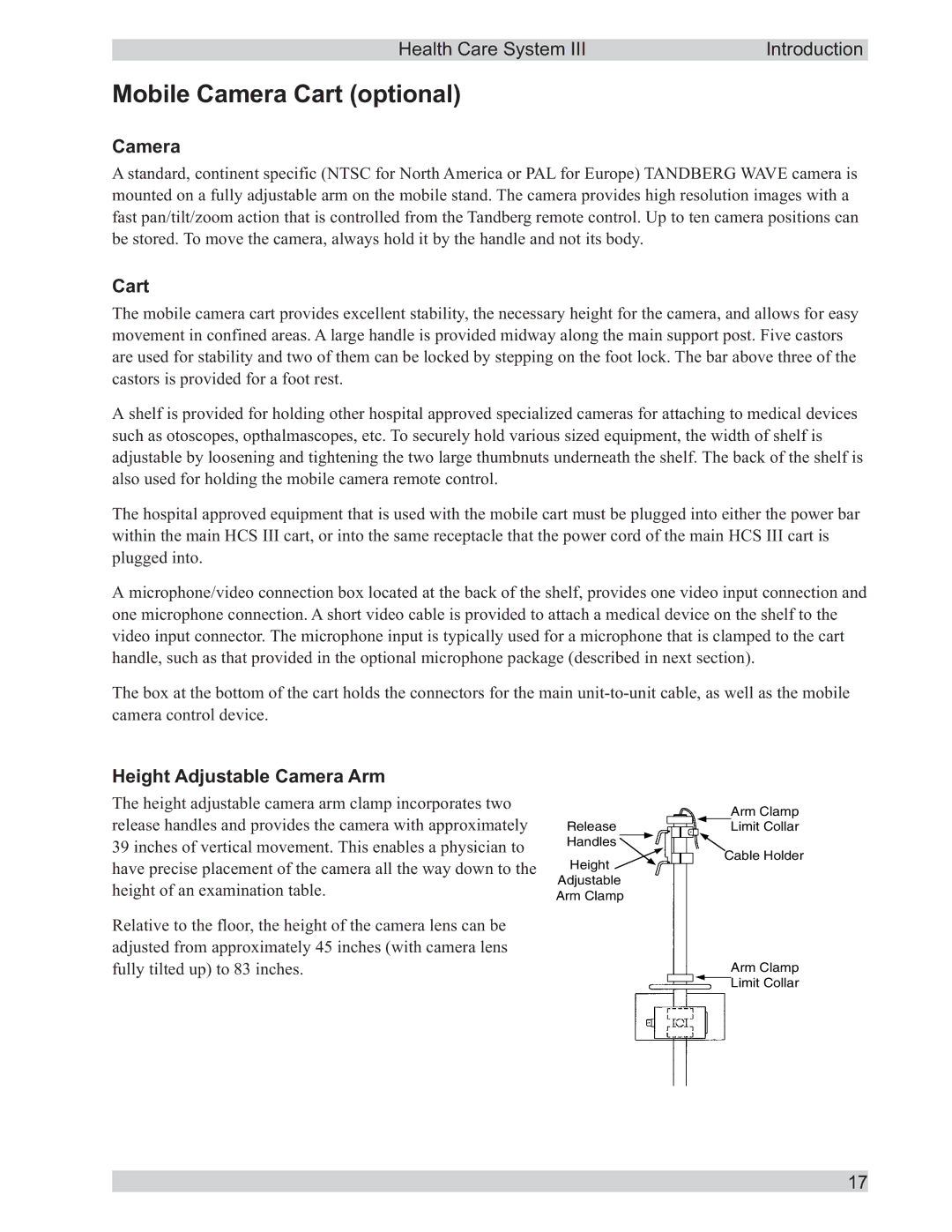 TANDBERG D50104-15 user manual Mobile Camera Cart optional, Height Adjustable Camera Arm 