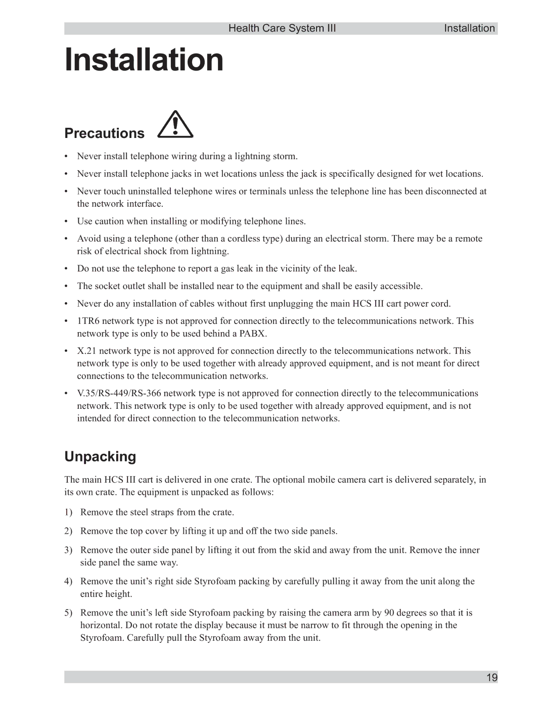 TANDBERG D50104-15 user manual Installation, Unpacking 