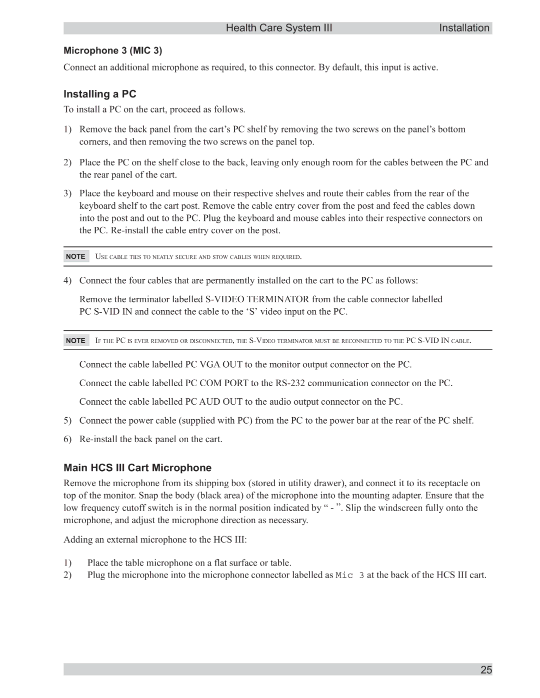 TANDBERG D50104-15 user manual Installing a PC, Main HCS III Cart Microphone, Microphone 3 MIC 