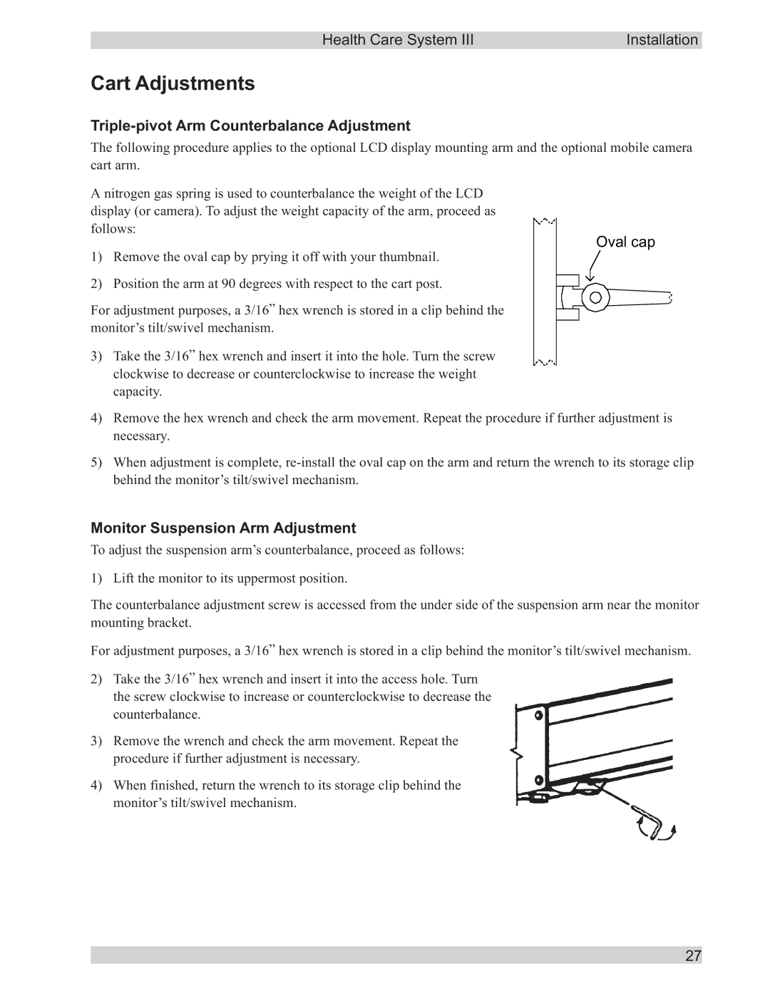 TANDBERG D50104-15 Cart Adjustments, Triple-pivot Arm Counterbalance Adjustment, Monitor Suspension Arm Adjustment 