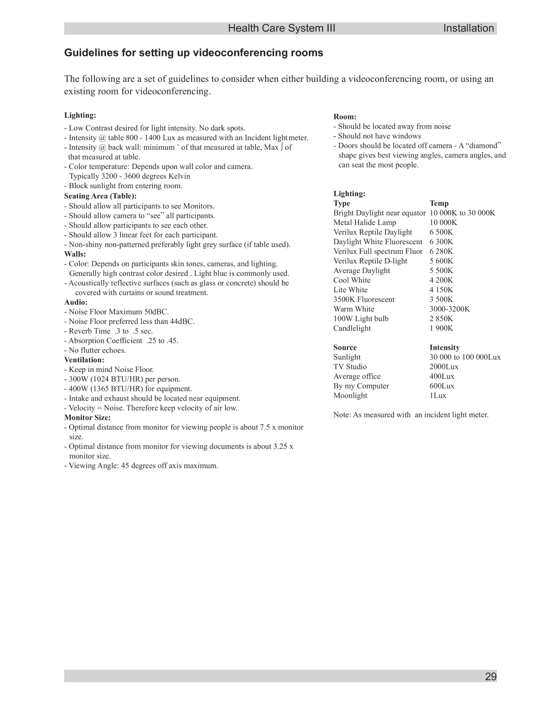 TANDBERG D50104-15 user manual Guidelines for setting up videoconferencing rooms, Lighting 