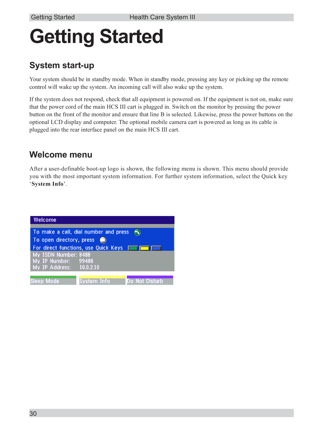 TANDBERG D50104-15 user manual Getting Started, System start-up, Welcome menu 