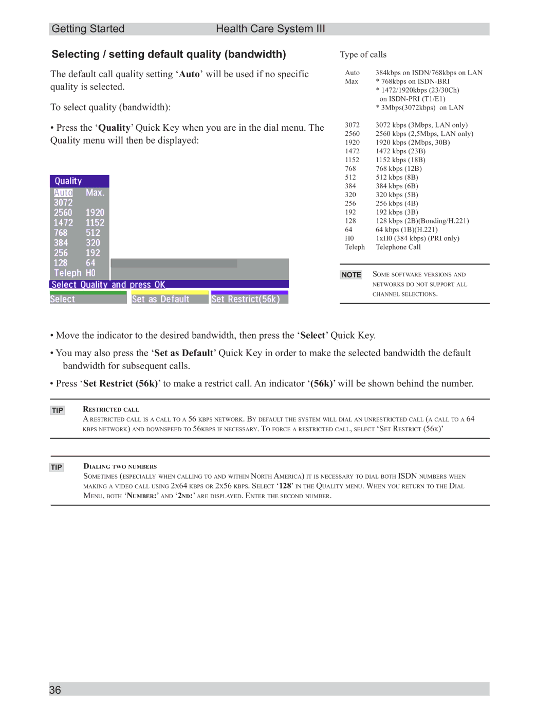 TANDBERG D50104-15 user manual Selecting / setting default quality bandwidth, Type of calls 