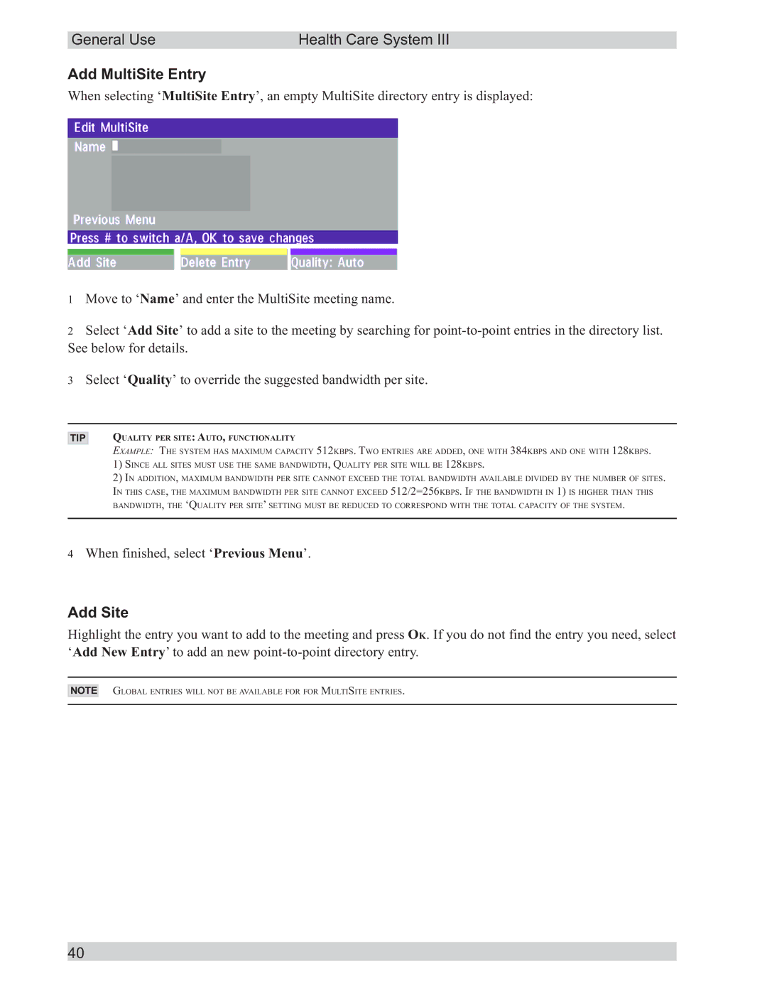 TANDBERG D50104-15 user manual Add MultiSite Entry, Add Site 