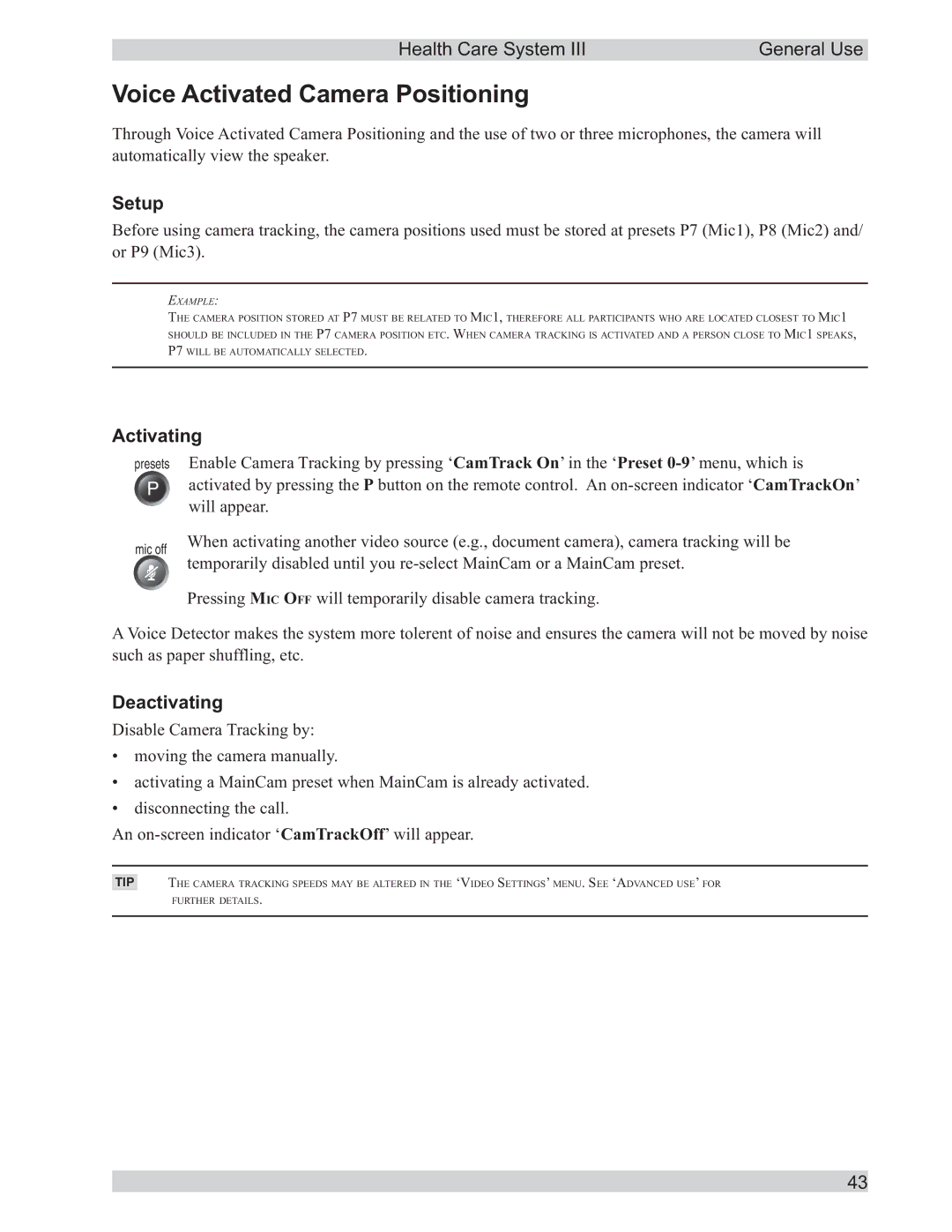 TANDBERG D50104-15 user manual Voice Activated Camera Positioning, Setup, Activating, Deactivating 