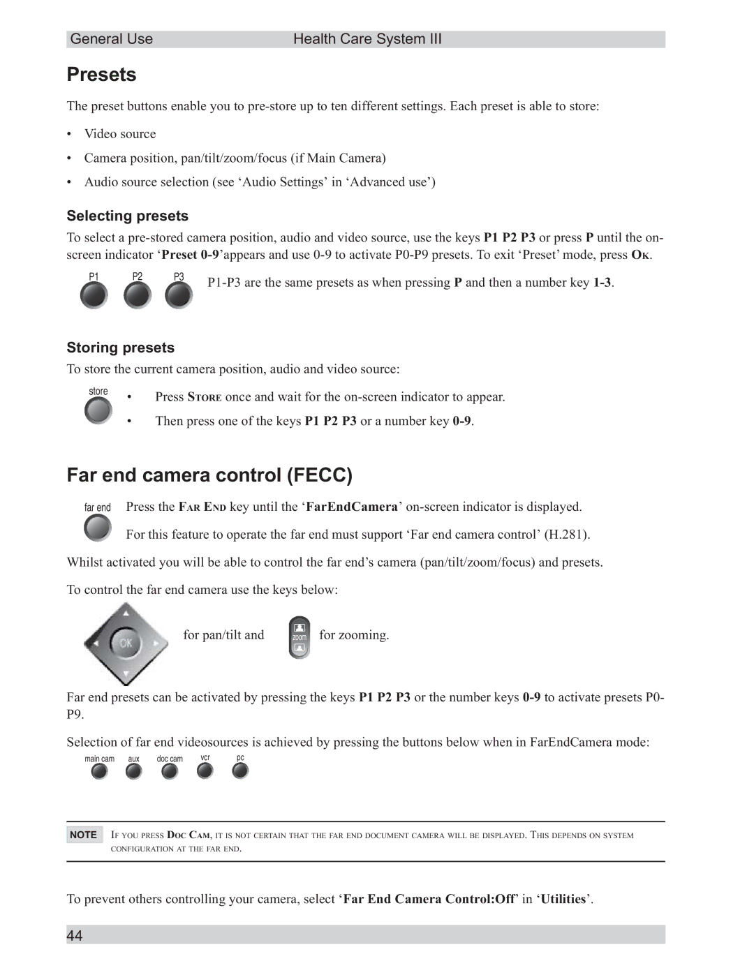 TANDBERG D50104-15 user manual Presets, Far end camera control Fecc, Selecting presets, Storing presets 