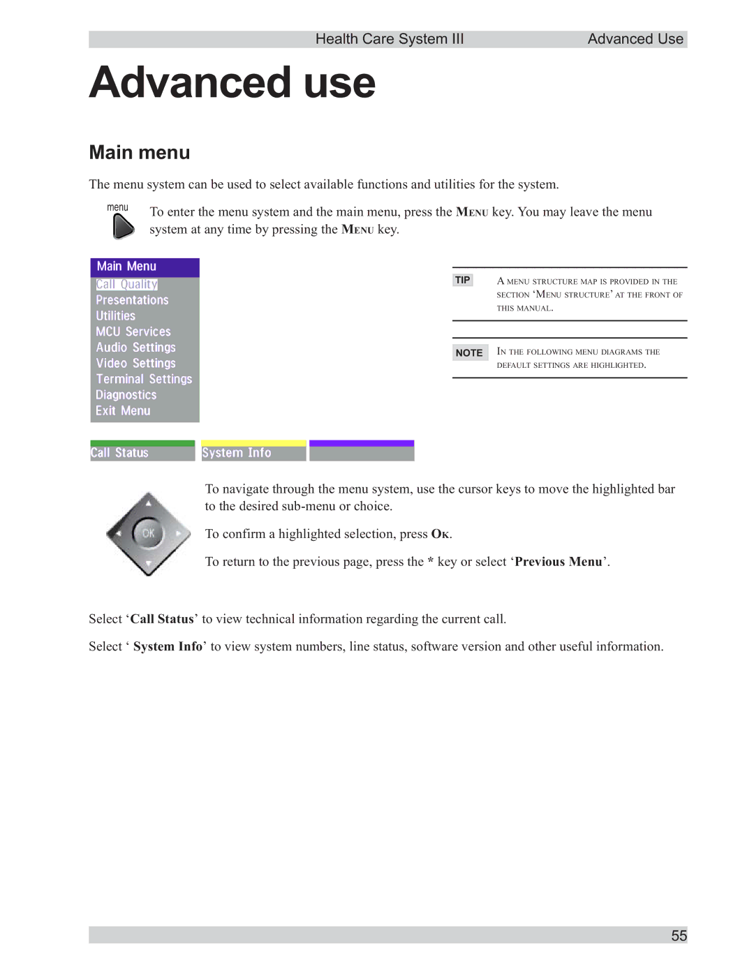 TANDBERG D50104-15 user manual Advanced use, Main menu 