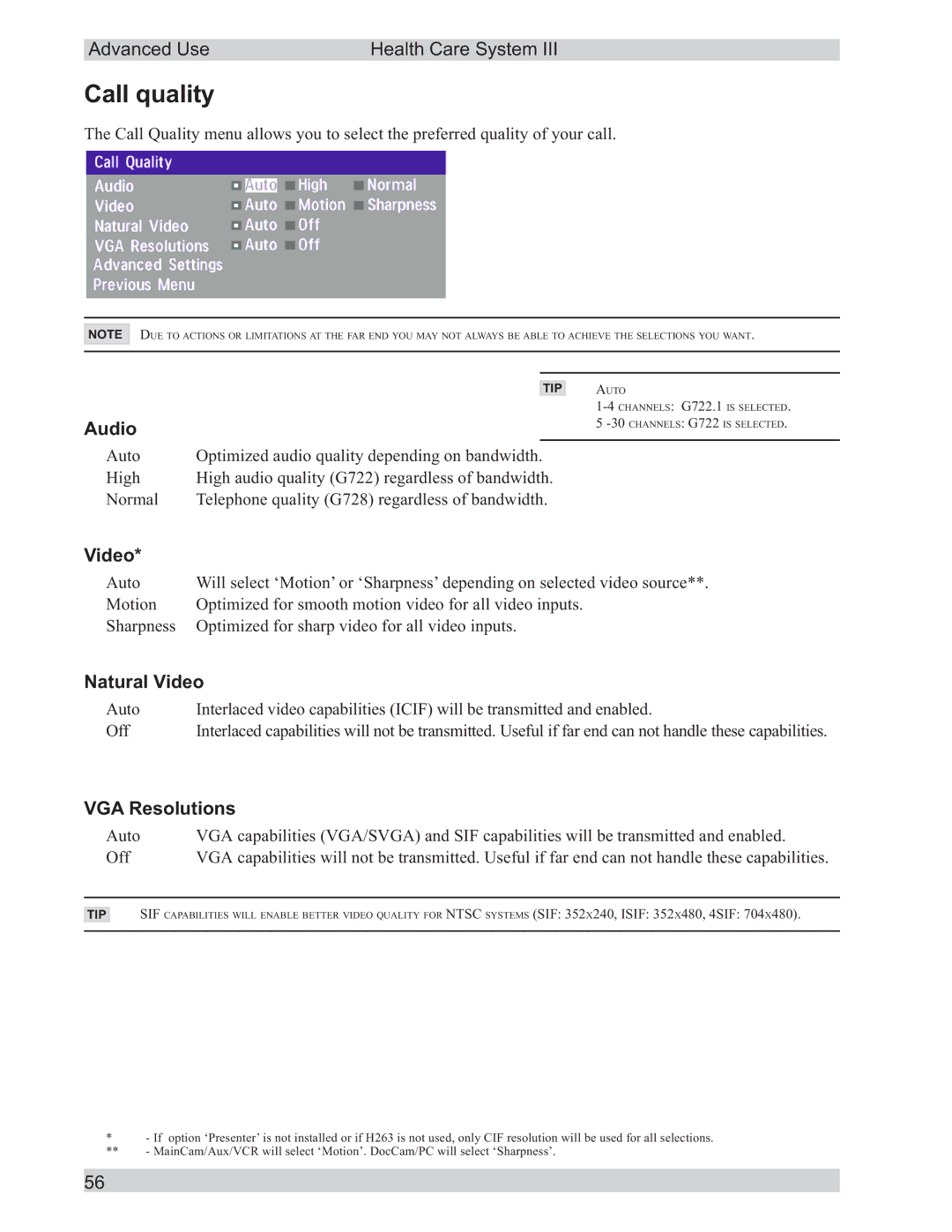 TANDBERG D50104-15 user manual Call quality, Audio, Natural Video, VGA Resolutions 