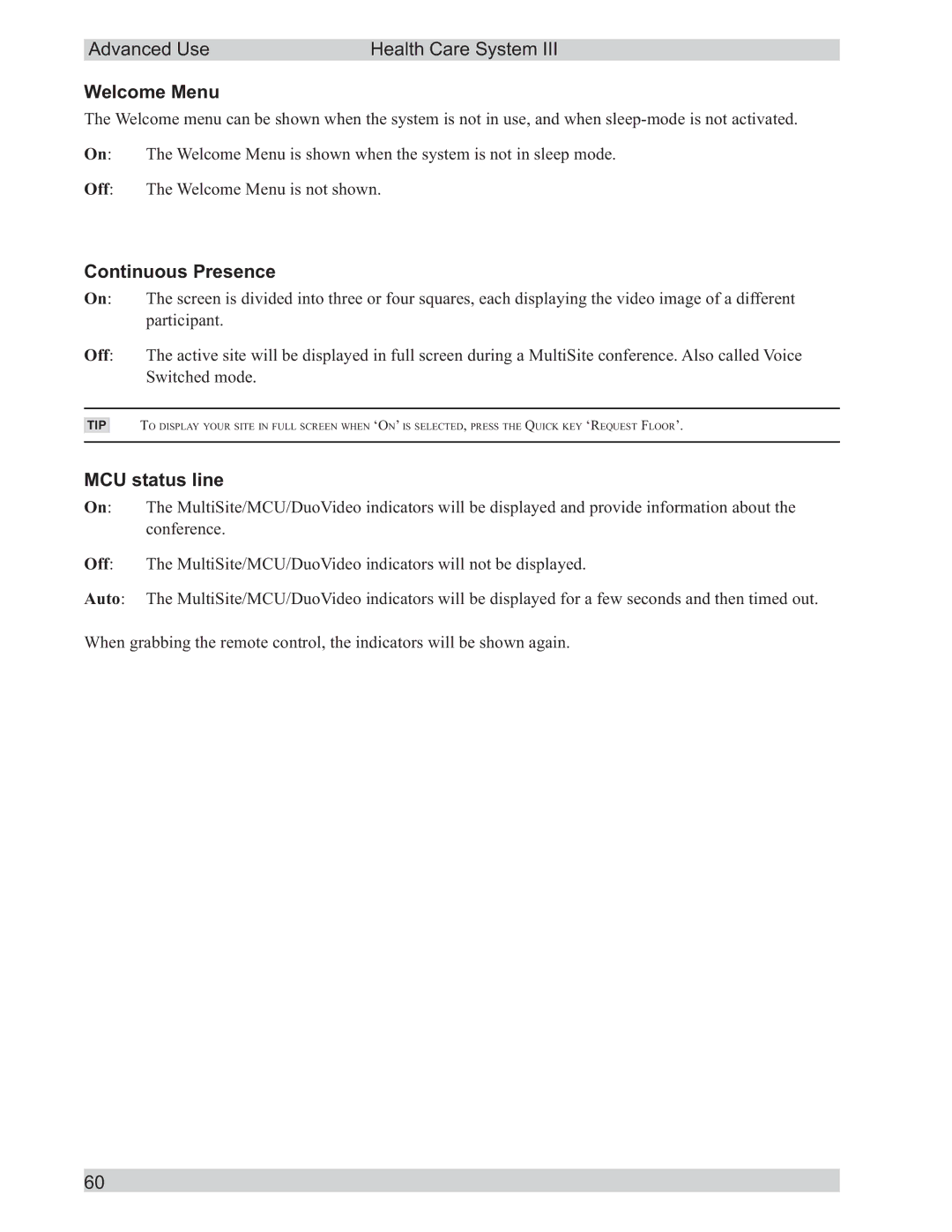 TANDBERG D50104-15 user manual Welcome Menu, Continuous Presence, MCU status line 