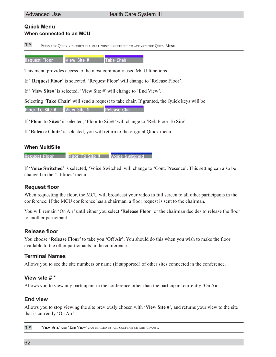 TANDBERG D50104-15 user manual Quick Menu, Request floor, Release floor, Terminal Names, View site #, End view 