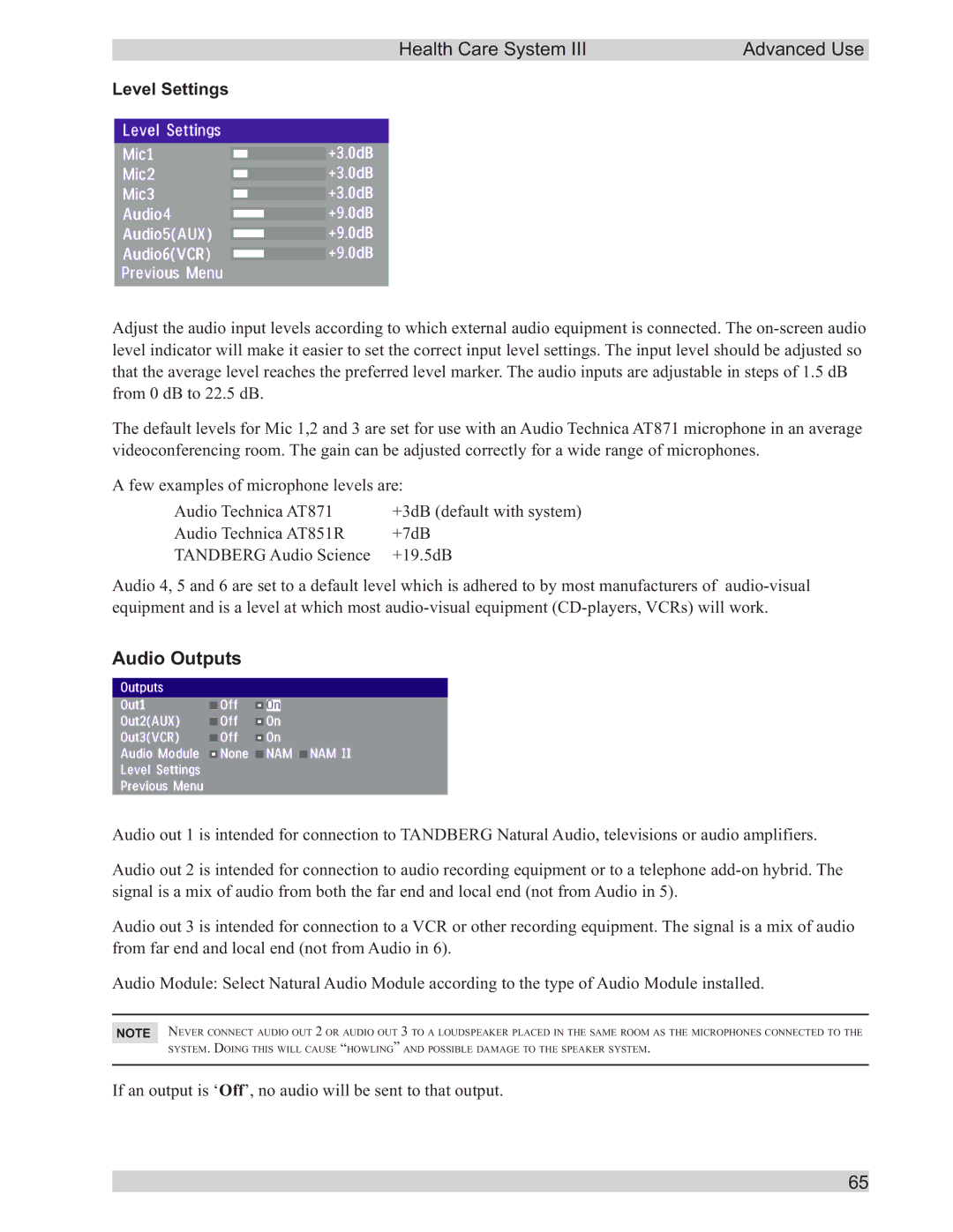 TANDBERG D50104-15 user manual Audio Outputs, Level Settings 