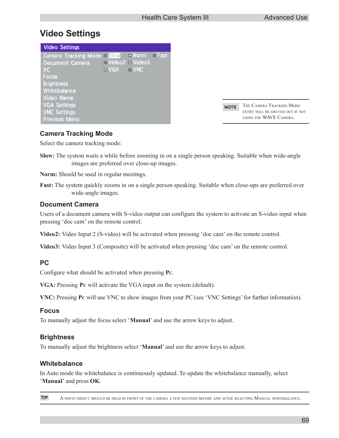 TANDBERG D50104-15 user manual Video Settings 