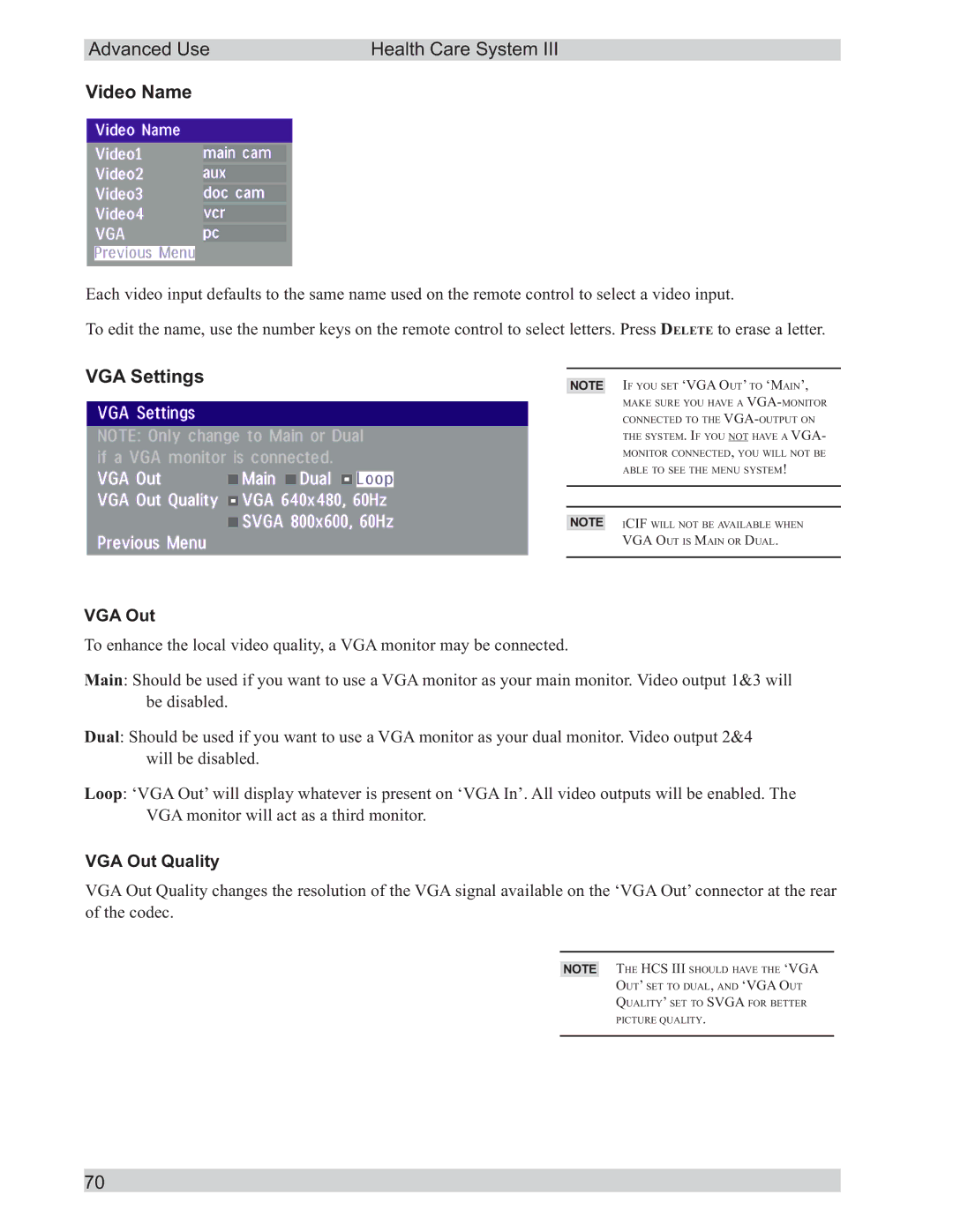 TANDBERG D50104-15 user manual Video Name, VGA Settings, VGA Out Quality 