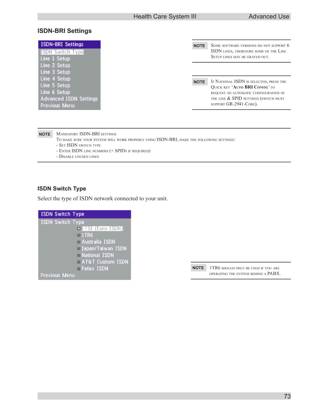 TANDBERG D50104-15 user manual ISDN-BRI Settings, Isdn Switch Type 