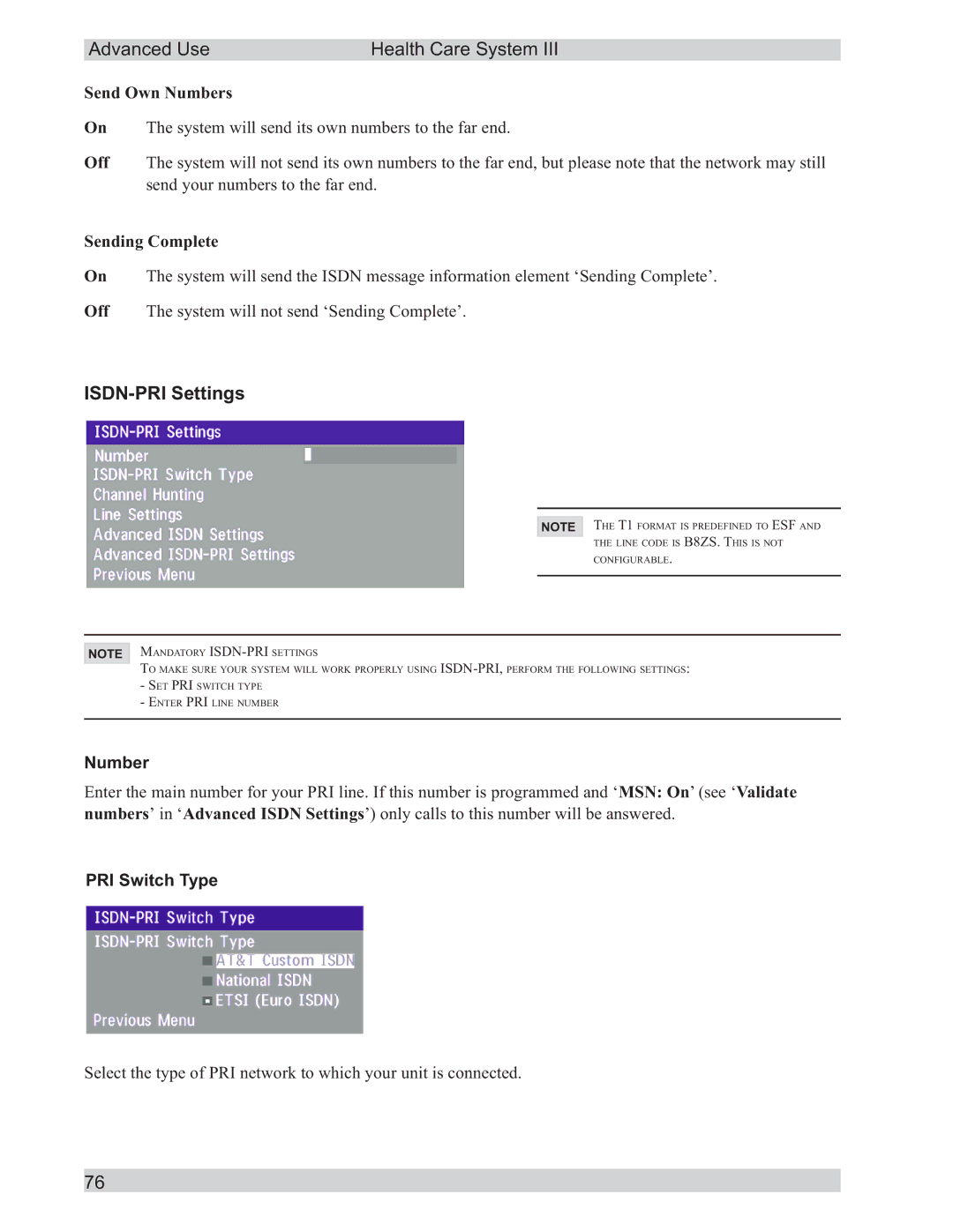 TANDBERG D50104-15 user manual ISDN-PRI Settings, Number, PRI Switch Type 