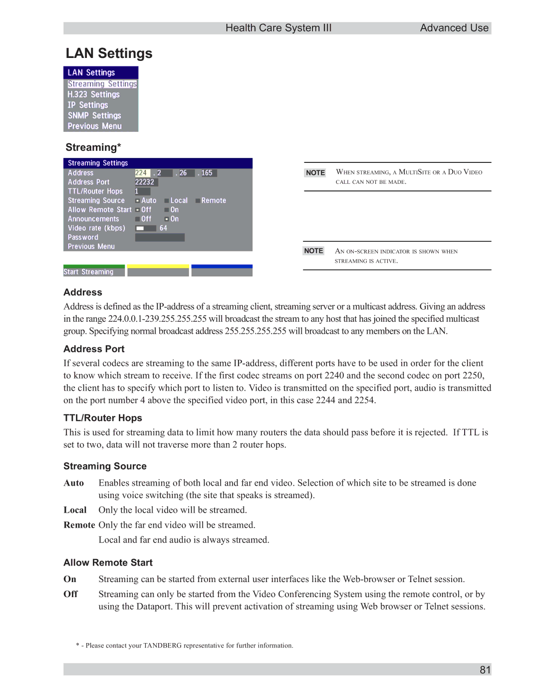 TANDBERG D50104-15 user manual LAN Settings, Address Port, TTL/Router Hops, Streaming Source, Allow Remote Start 