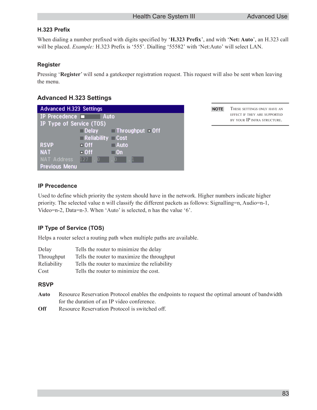 TANDBERG D50104-15 user manual Advanced H.323 Settings, Prefix, Register, IP Precedence, IP Type of Service TOS 