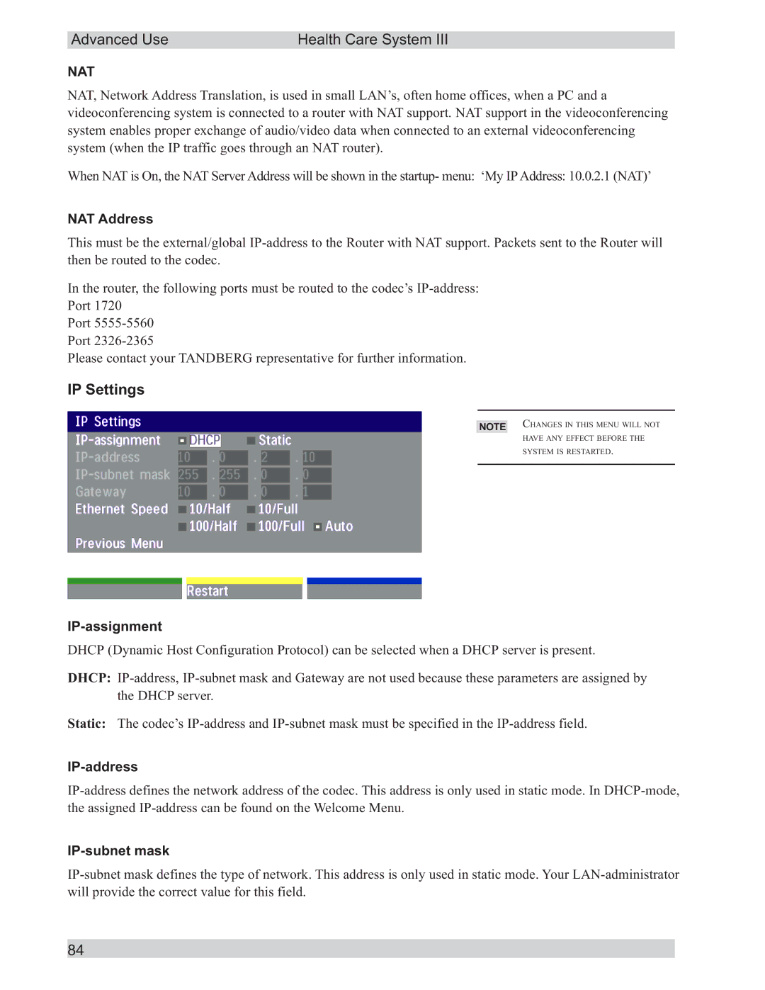 TANDBERG D50104-15 user manual IP Settings, NAT Address, IP-assignment, IP-address, IP-subnet mask 