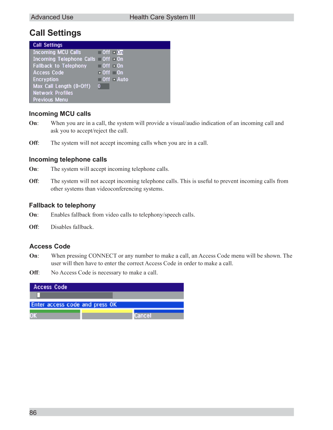 TANDBERG D50104-15 Call Settings, Incoming MCU calls, Incoming telephone calls, Fallback to telephony, Access Code 