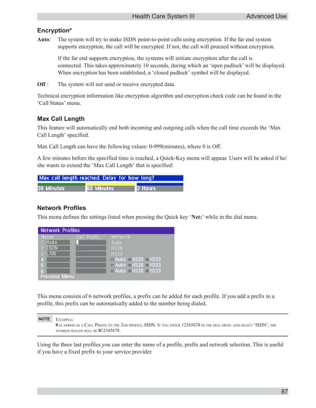 TANDBERG D50104-15 user manual Encryption, Max Call Length, Network Profiles 