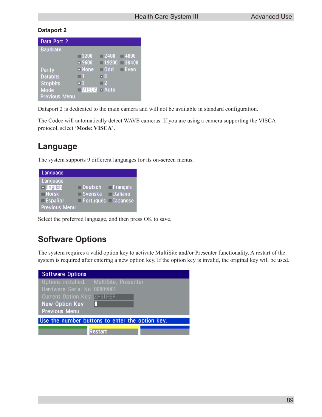 TANDBERG D50104-15 user manual Language, Software Options, Dataport 