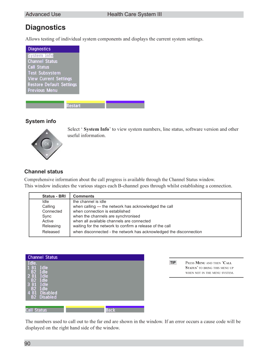 TANDBERG D50104-15 user manual Diagnostics, System info, Channel status 