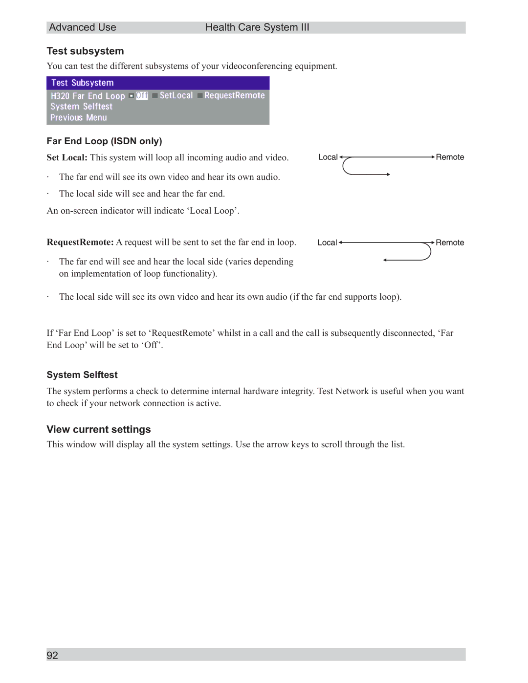 TANDBERG D50104-15 user manual Test subsystem, View current settings, Far End Loop Isdn only, System Selftest 