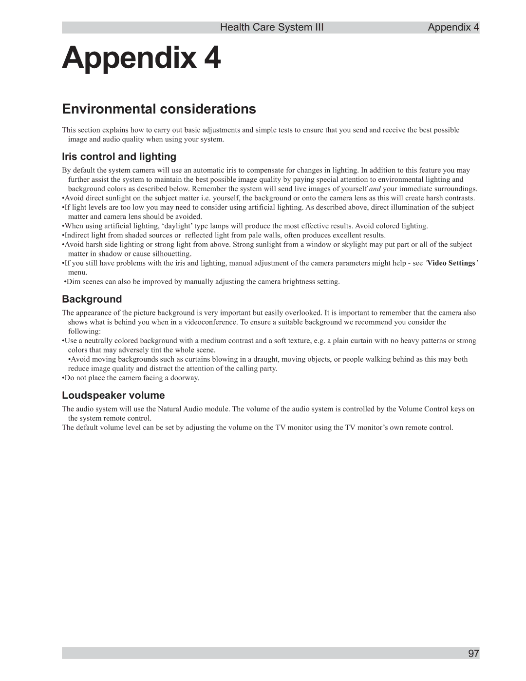 TANDBERG D50104-15 user manual Environmental considerations, Iris control and lighting 