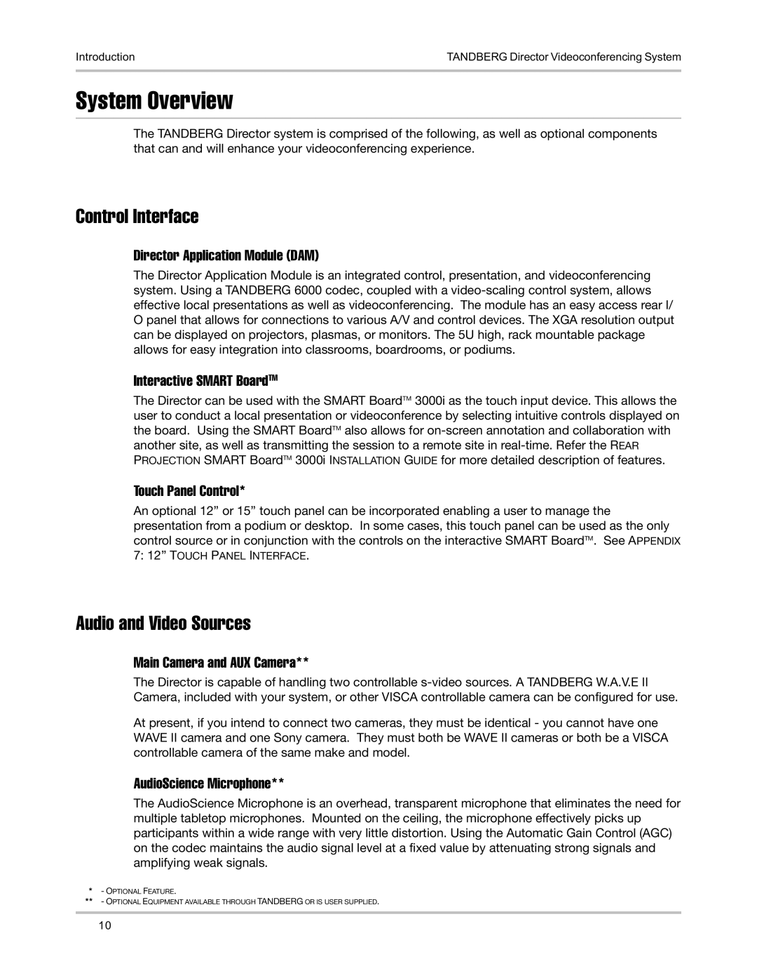 TANDBERG D5016402 user manual System Overview, Control Interface, Audio and Video Sources 