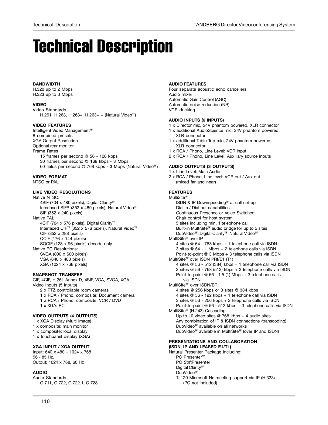 TANDBERG D5016402 user manual Technical Description, Video Features 