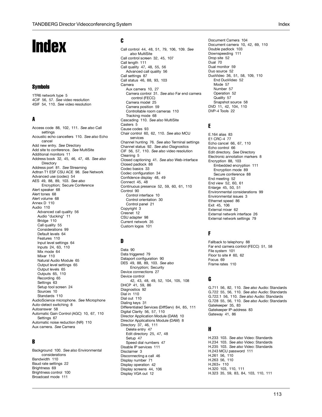 TANDBERG D5016402 user manual Index, Symbols 