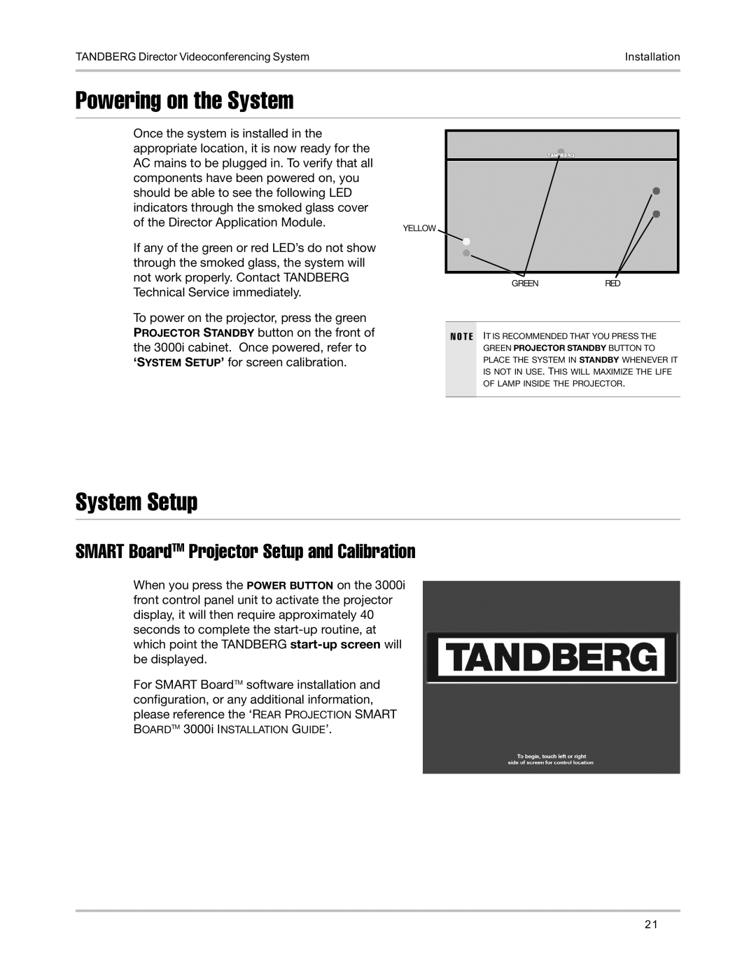 TANDBERG D5016402 user manual Powering on the System, System Setup, Smart BoardTM Projector Setup and Calibration 