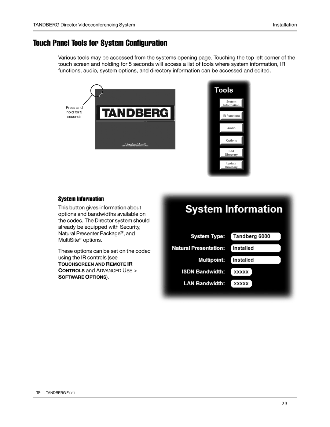 TANDBERG D5016402 user manual Touch Panel Tools for System Configuration, System Information 