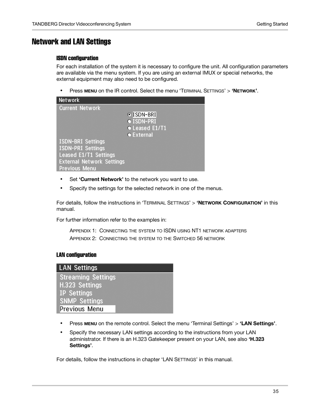 TANDBERG D5016402 user manual Network and LAN Settings, Isdn configuration, LAN configuration 