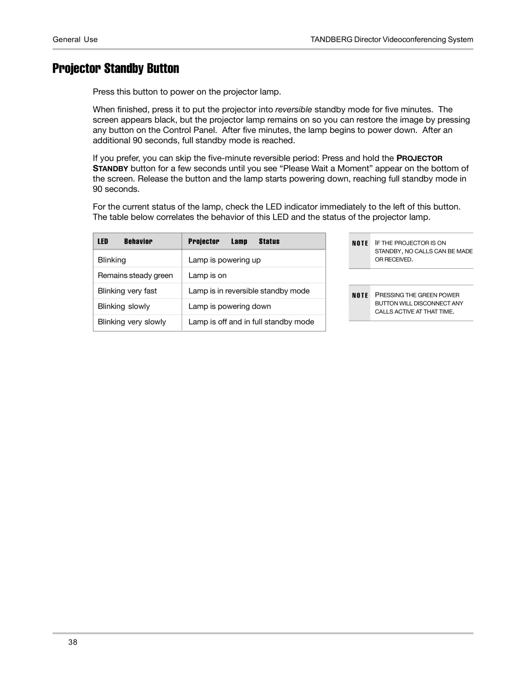 TANDBERG D5016402 user manual Projector Standby Button, Led 