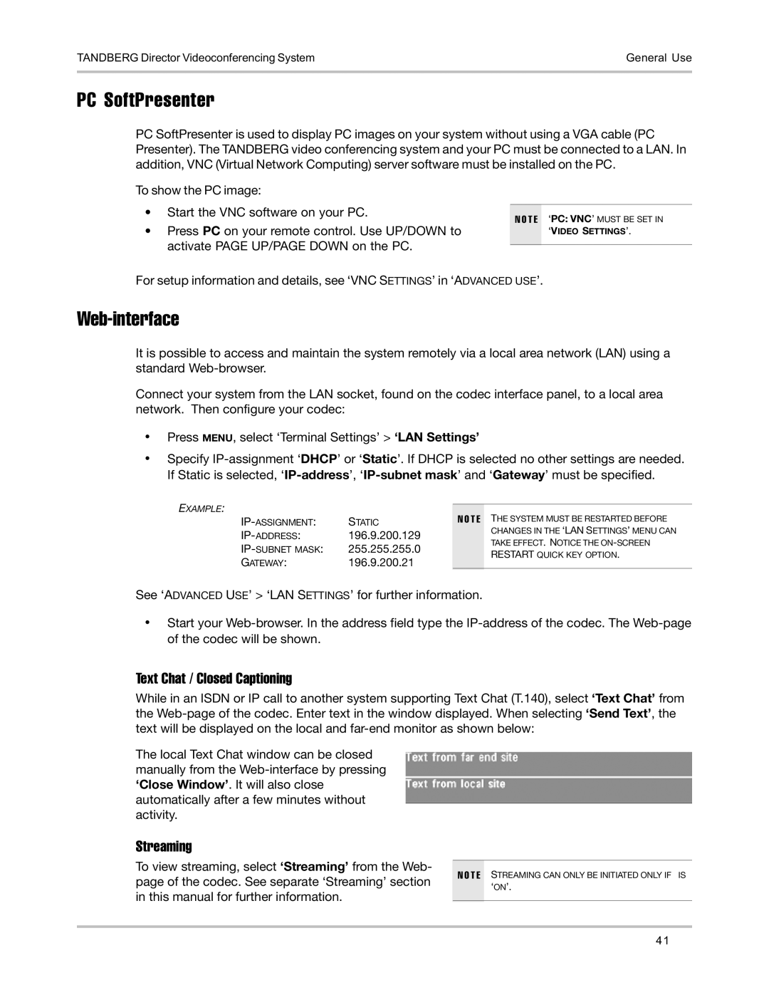 TANDBERG D5016402 user manual PC SoftPresenter, Web-interface, Text Chat / Closed Captioning, Streaming 