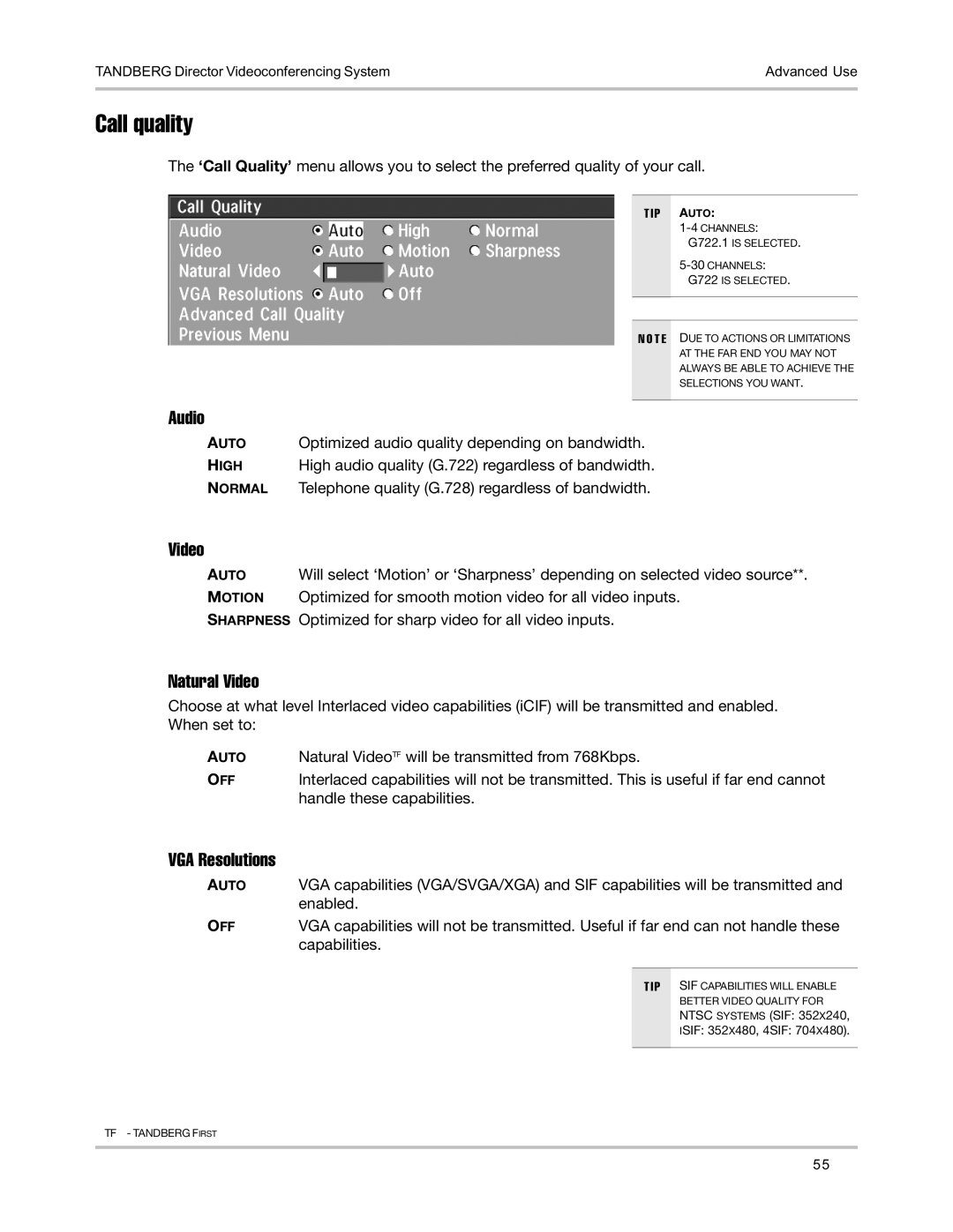 TANDBERG D5016402 user manual Call quality, Natural Video, VGA Resolutions 