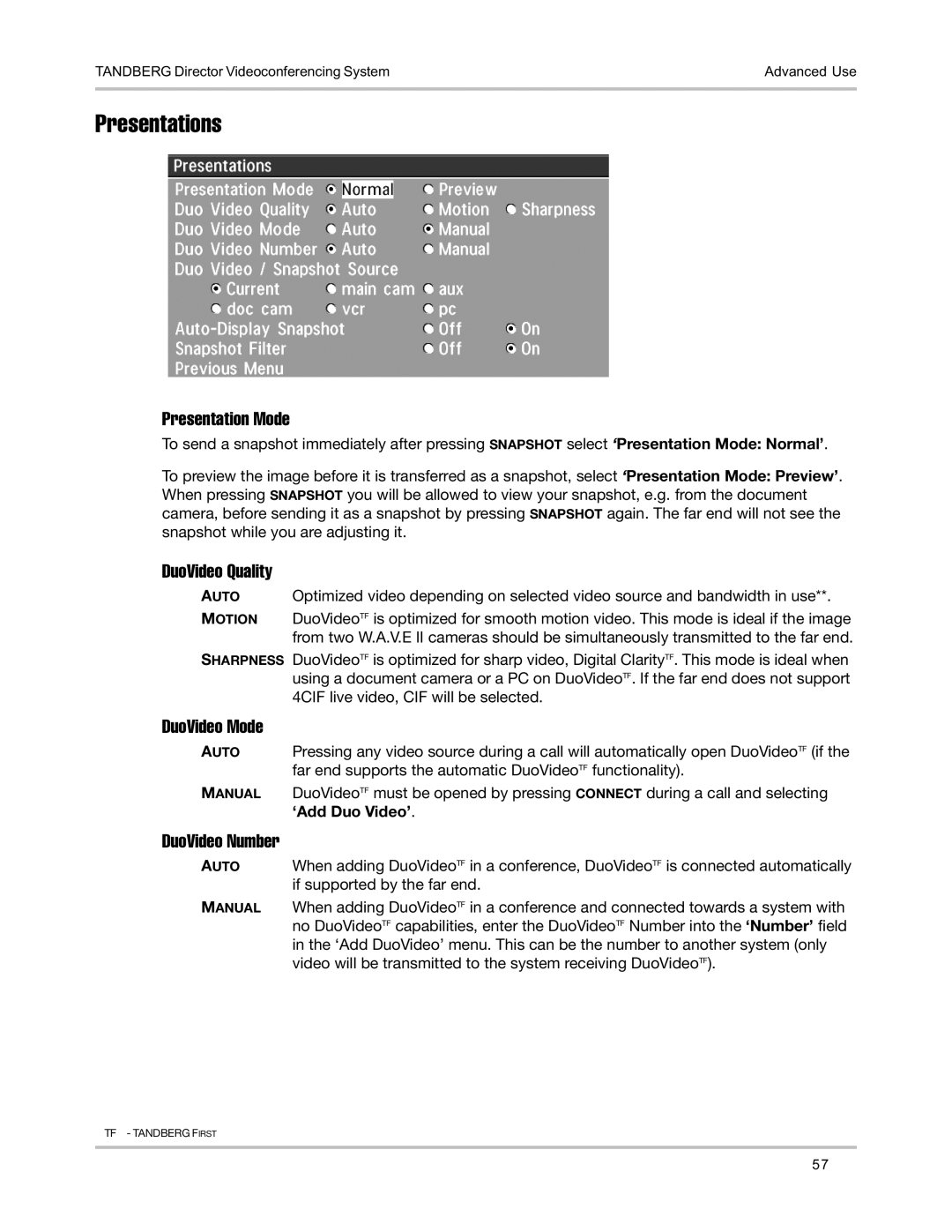 TANDBERG D5016402 user manual Presentations, Presentation Mode, DuoVideo Quality, DuoVideo Mode, DuoVideo Number 