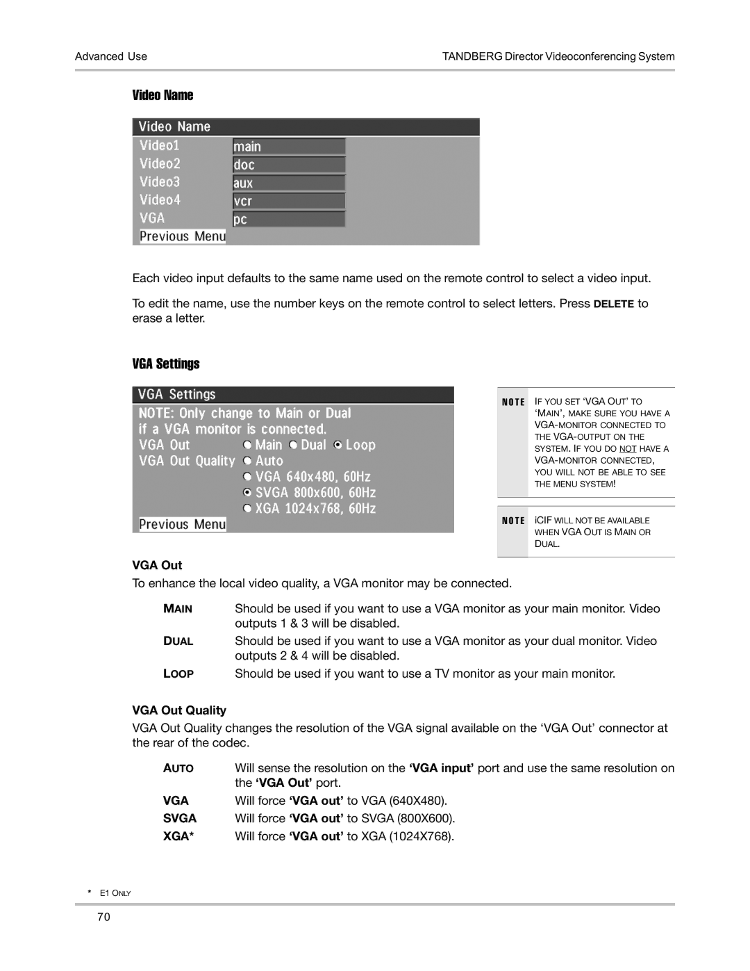 TANDBERG D5016402 user manual Video Name, VGA Settings, VGA Out Quality, ‘VGA Out’ port 