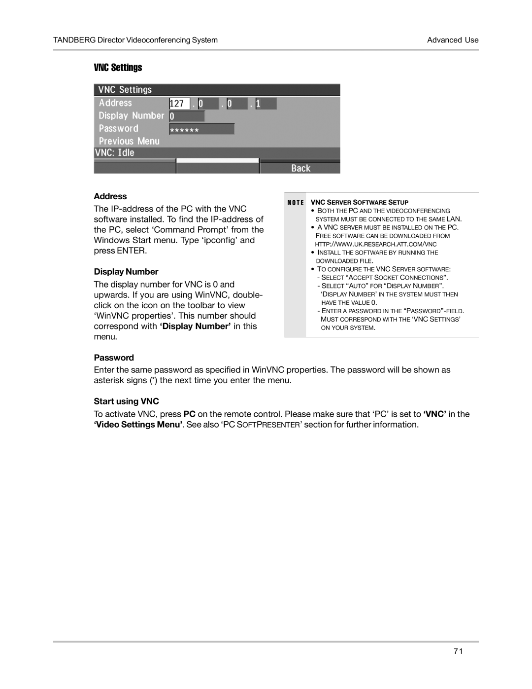 TANDBERG D5016402 user manual VNC Settings, Address, Display Number, Password, Start using VNC 