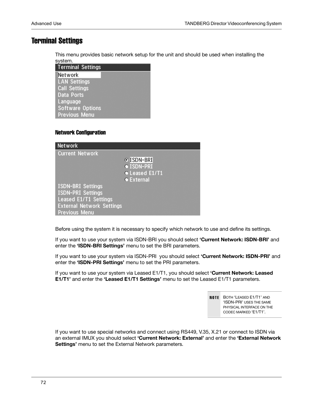 TANDBERG D5016402 user manual Terminal Settings, Network Configuration 