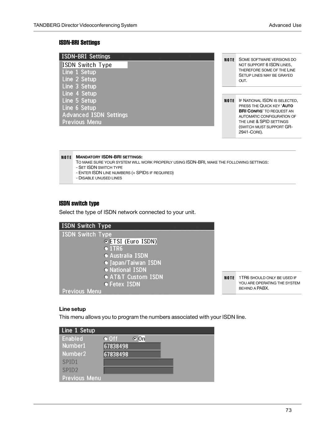 TANDBERG D5016402 user manual ISDN-BRI Settings, Isdn switch type, Line setup 