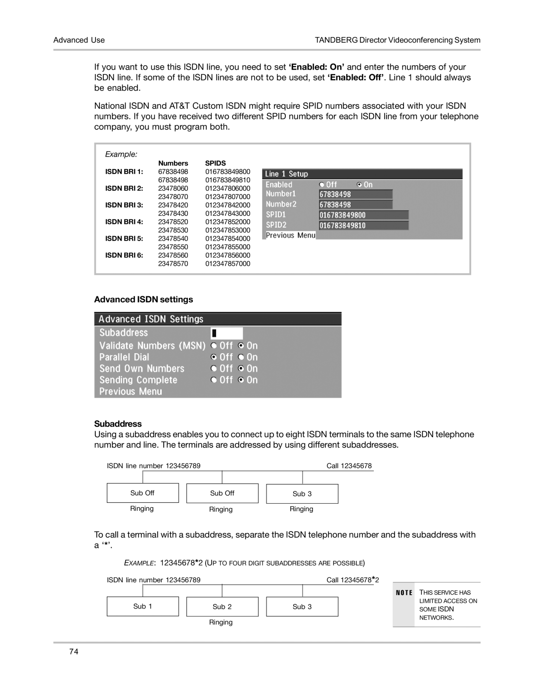 TANDBERG D5016402 user manual Advanced Isdn settings Subaddress, Example 